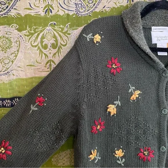 Vtg 90's Christopher & Banks Green Hand Embroidered Cottage Cardigan Size Large - Picture 7 of 14